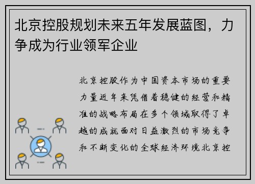 北京控股规划未来五年发展蓝图，力争成为行业领军企业
